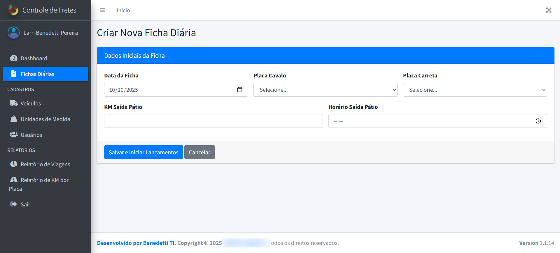 Criar Nova Ficha SisBFrete